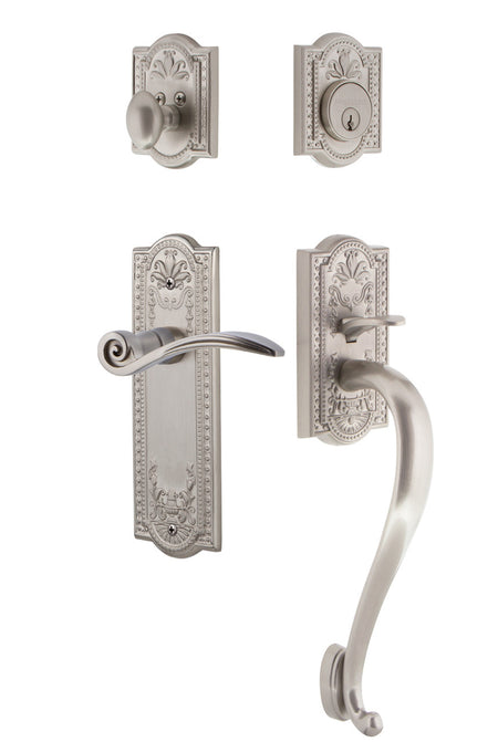Nostalgic 768235: Entry Lockset w/Meadows Backplate, S-Grip Exterior Handle and Swan Interior Lever - Satin Nickel