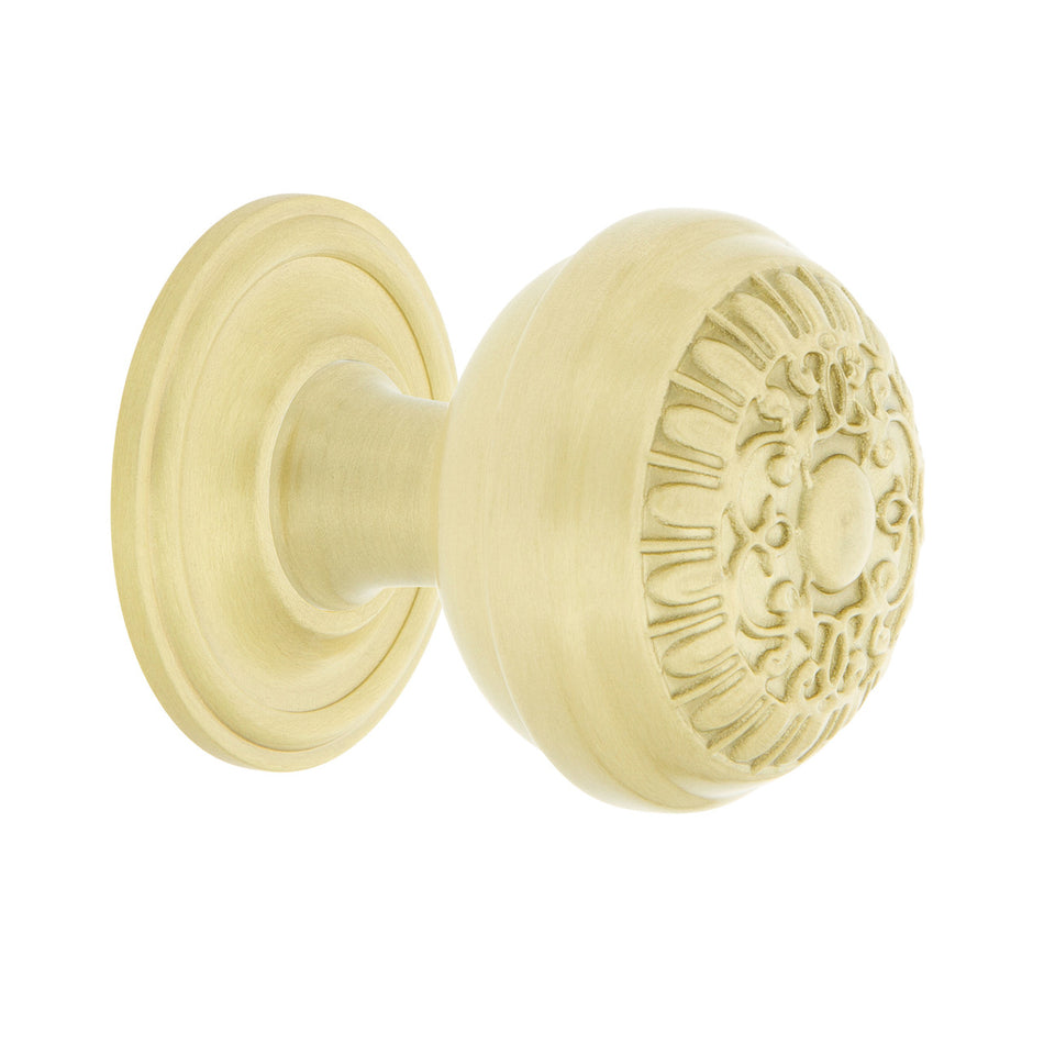 Nostalgic Warehouse 769476: 1-3/8" Egg & Dart Cabinet Knob w/Classic Rose - Satin Brass