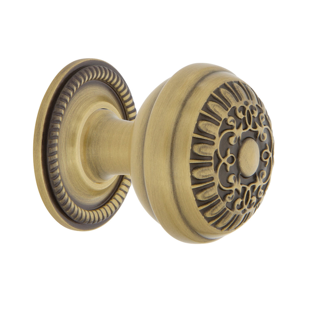Nostalgic Warehouse 769490: 1-3/8" Egg & Dart Cabinet Knob w/Rope Rose - Antique Brass