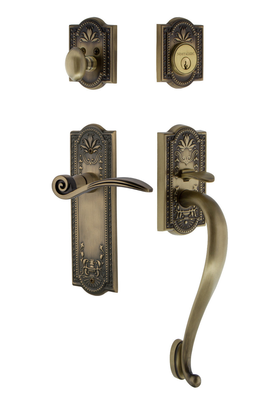 Nostalgic 770544: Entry Lockset w/Meadows Backplate, S-Grip Exterior Handle and Swan Interior Lever - Antique Brass