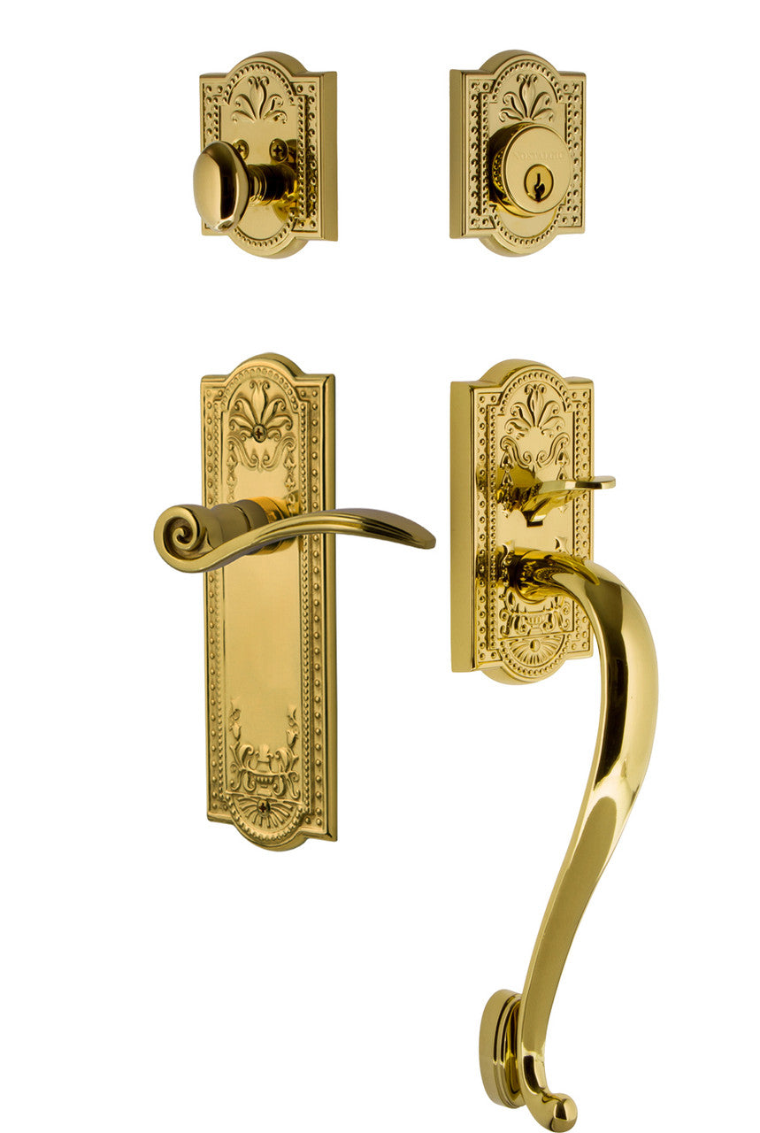 Nostalgic 770545: Entry Lockset w/Meadows Backplate, S-Grip Exterior Handle and Swan Interior Lever - Polished Brass