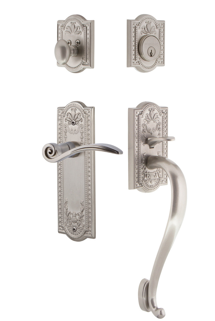Nostalgic 770546: Entry Lockset w/Meadows Backplate, S-Grip Exterior Handle and Swan Interior Lever - Satin Nickel