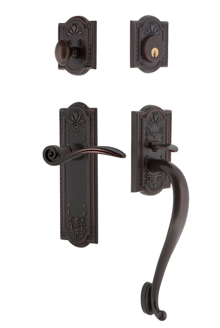 Nostalgic 770555: Entry Lockset w/Meadows Backplate, S-Grip Exterior Handle and Swan Interior Lever - Timeless Bronze