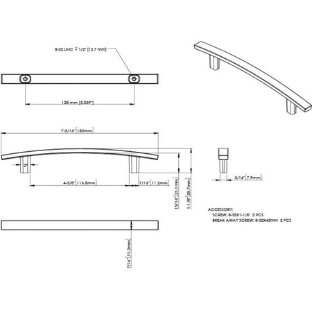 Elements 859-128MB: 128 mm cc Thatcher Curved Bar Cabinet Pull - Matte Black