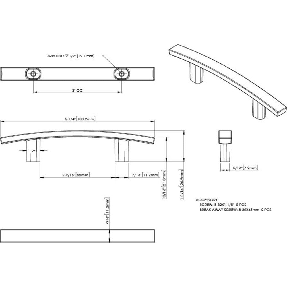 Elements 859-3BG: 3" cc Thatcher Curved Bar Cabinet Pull - Brushed Gold