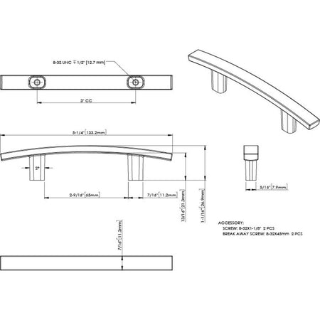 Elements 859-3BG: 3" cc Thatcher Curved Bar Cabinet Pull - Brushed Gold