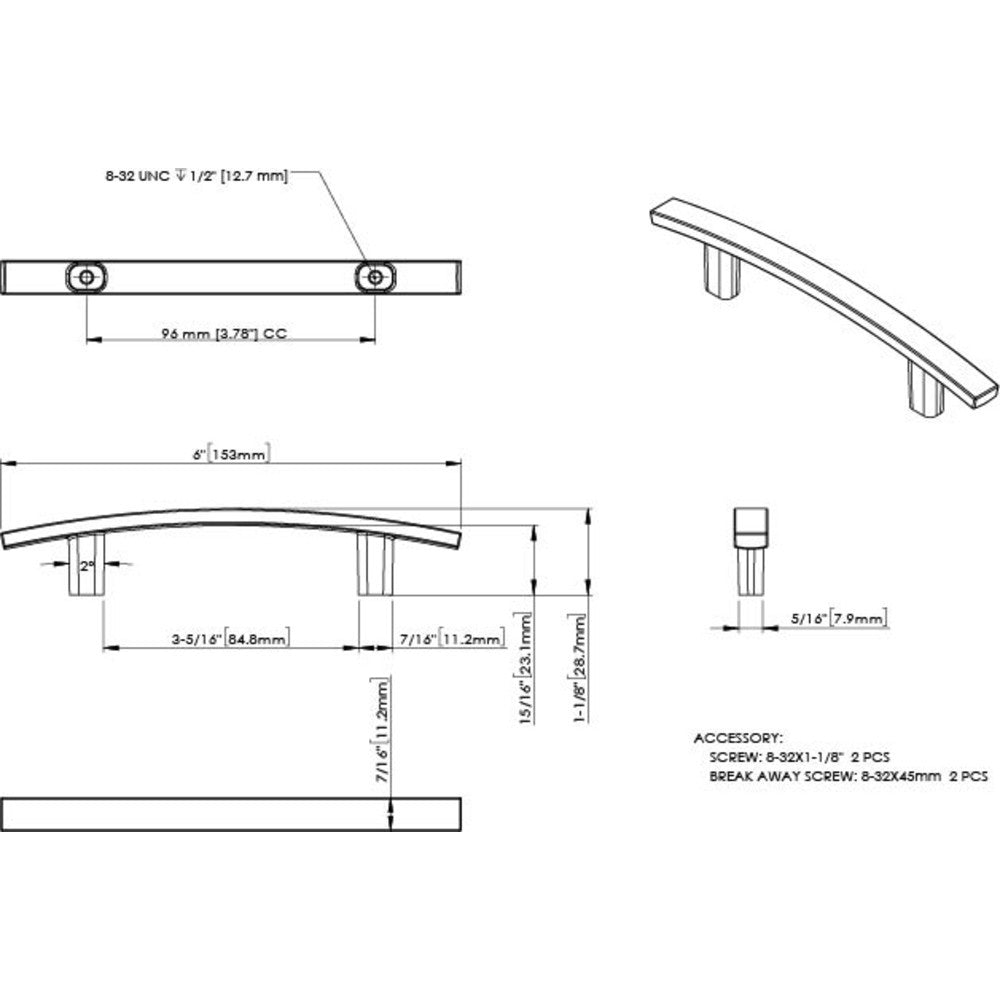 Elements 859-96MB: 96 mm cc Thatcher Curved Bar Cabinet Pull - Matte Black