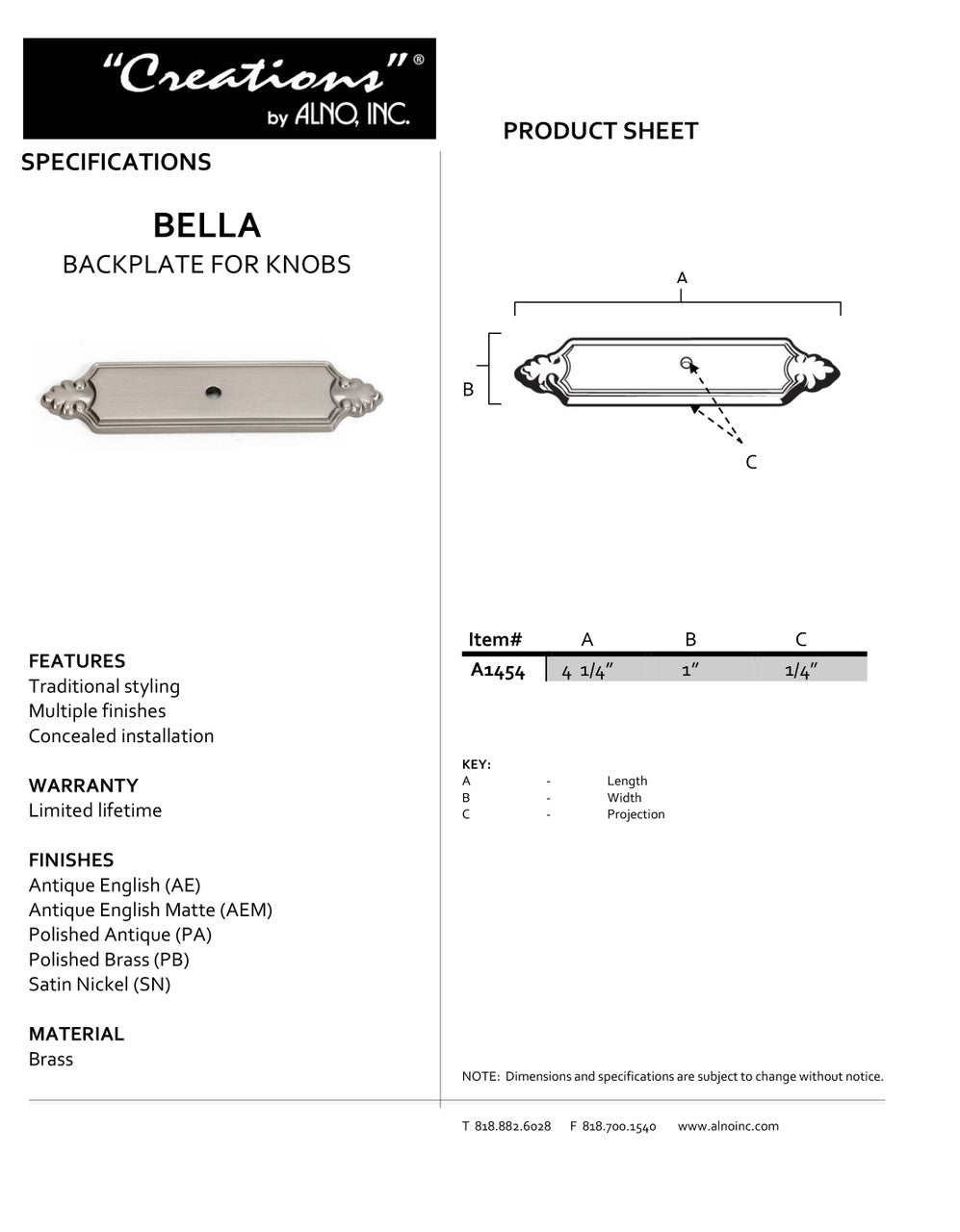 Specificaton Sheet