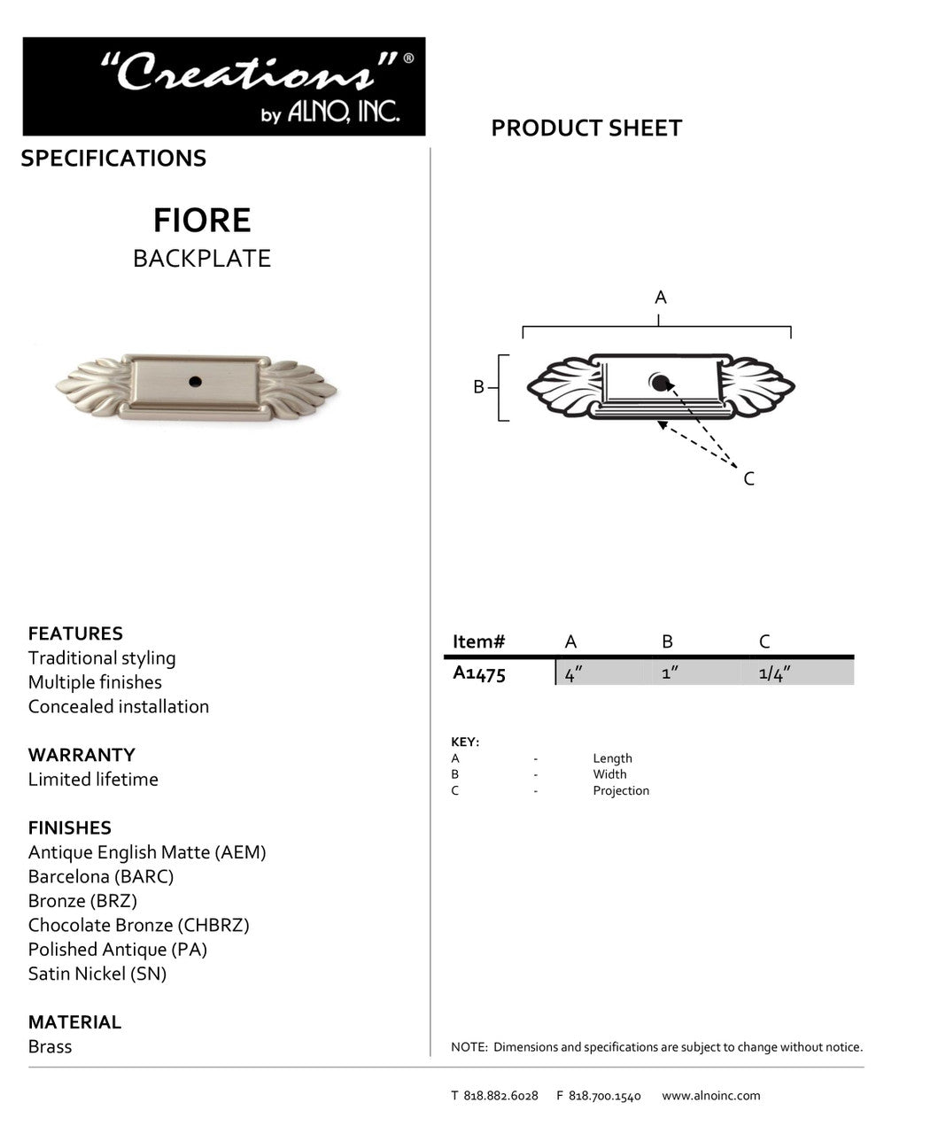Specificaton Sheet