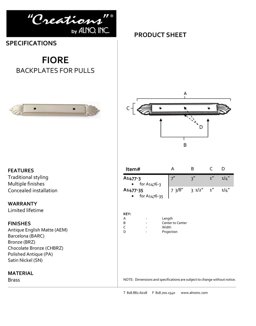 Specificaton Sheet
