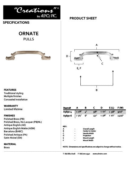 Alno A3650-6-SN: 6" cc Ornate Cabinet Pull - Satin Nickel