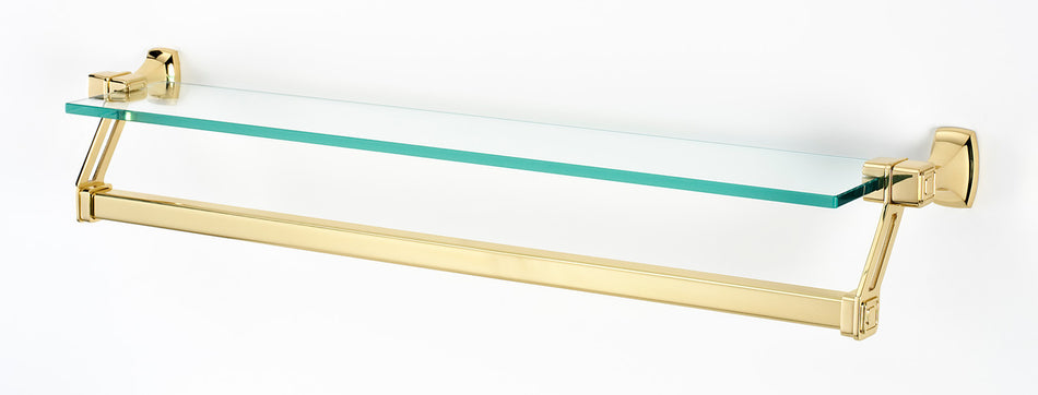 Alno A6527-25-PB/NL: 25" cc Cube Glass Shelf/Towel Bar - Unlacquered Brass