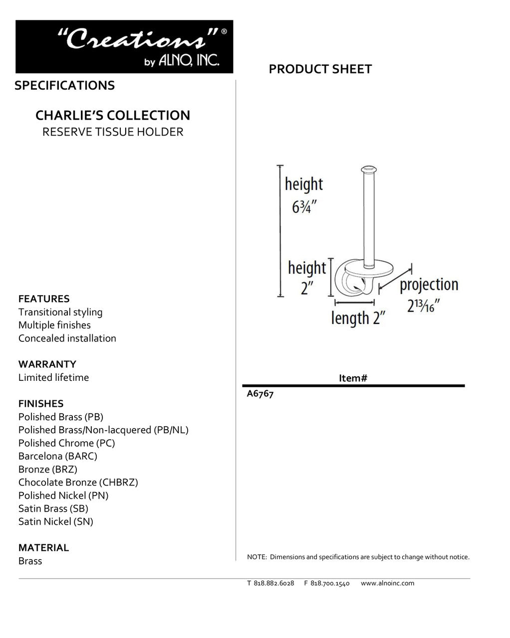 Specificaton Sheet