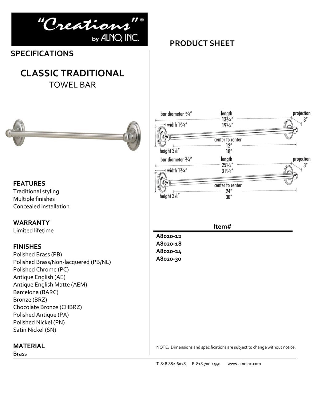 Specificaton Sheet