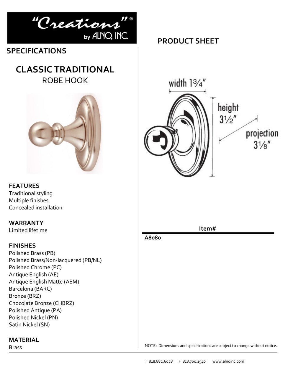 Specificaton Sheet