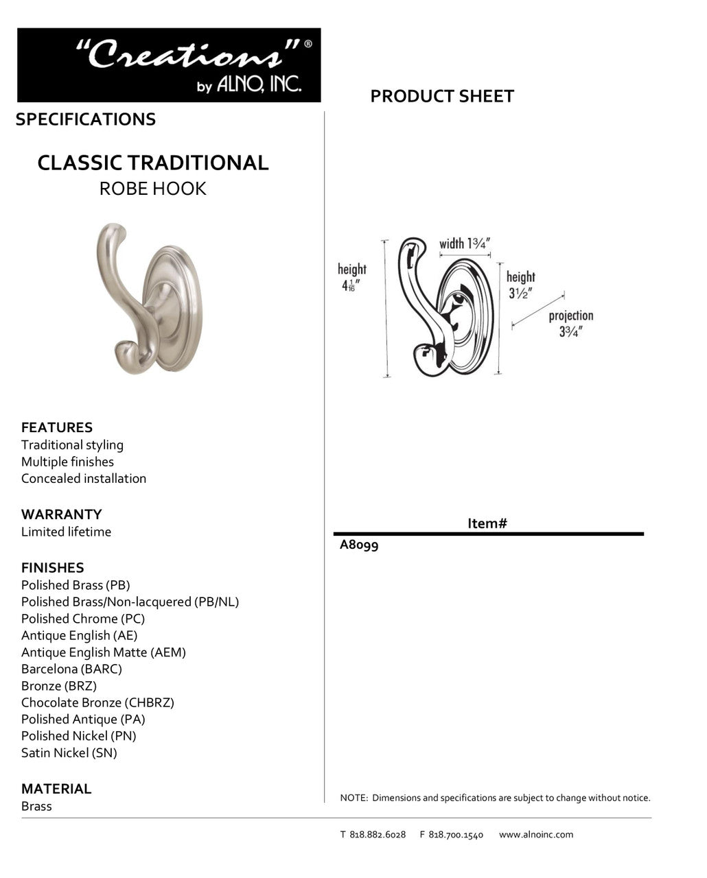 Specificaton Sheet