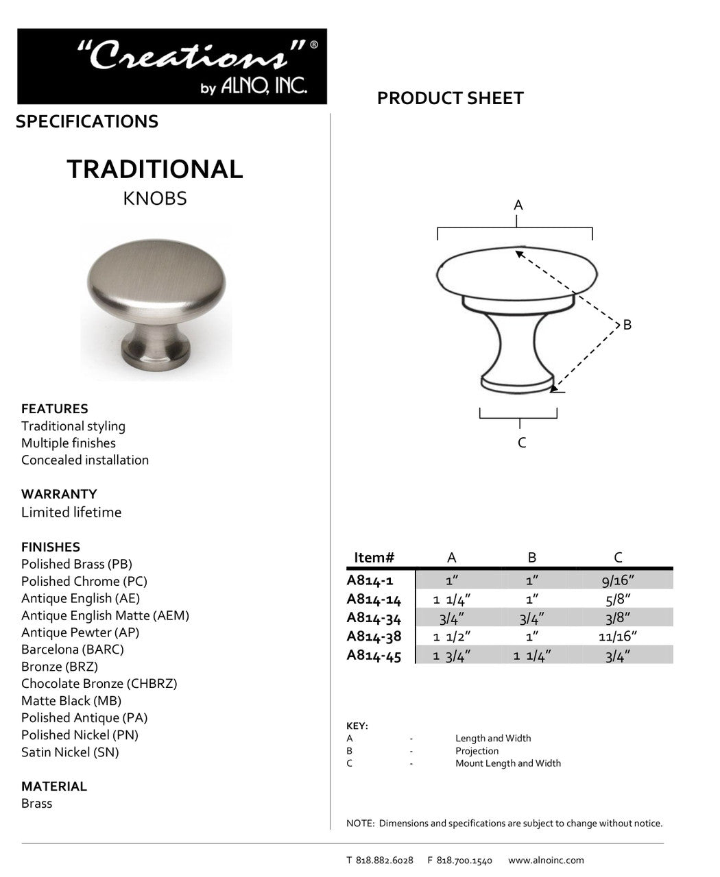 Specificaton Sheet