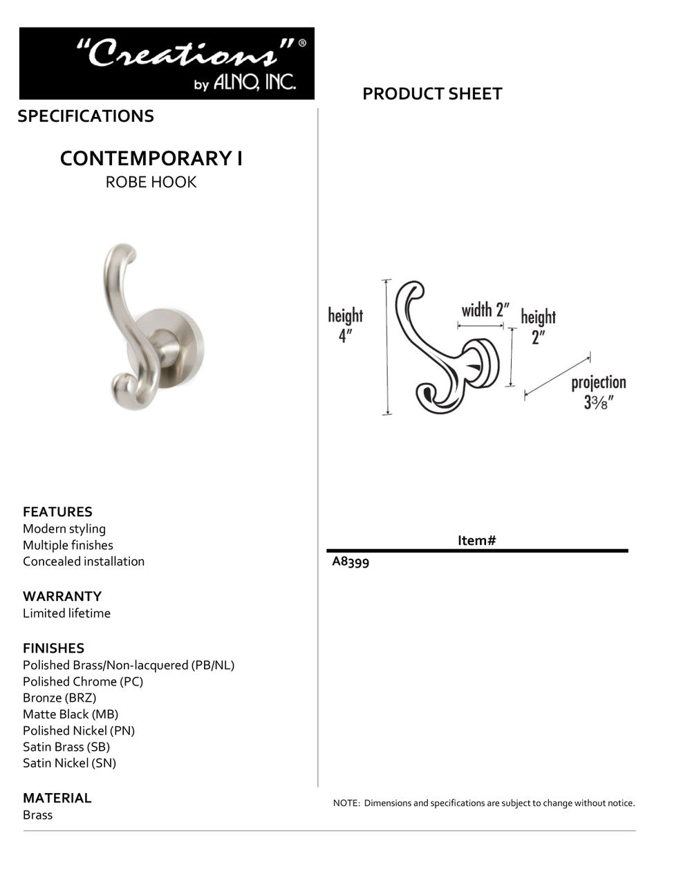 Specificaton Sheet