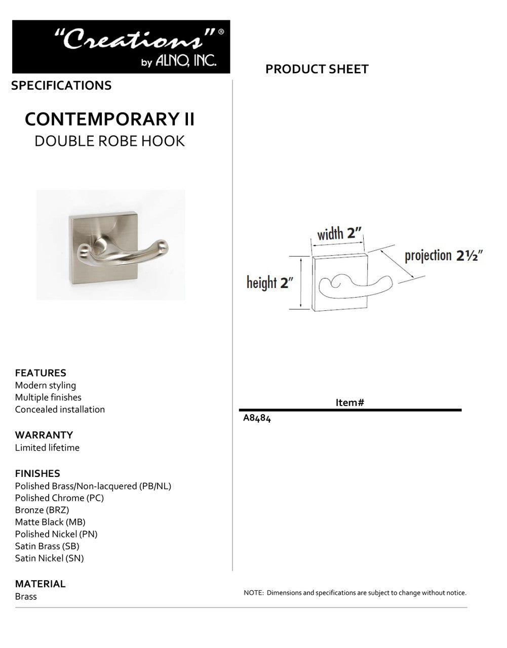 Specificaton Sheet