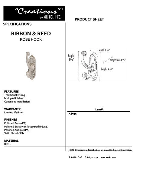 Alno A8599-SN: Ribbon & Reed Double Robe Hook - Satin Nickel