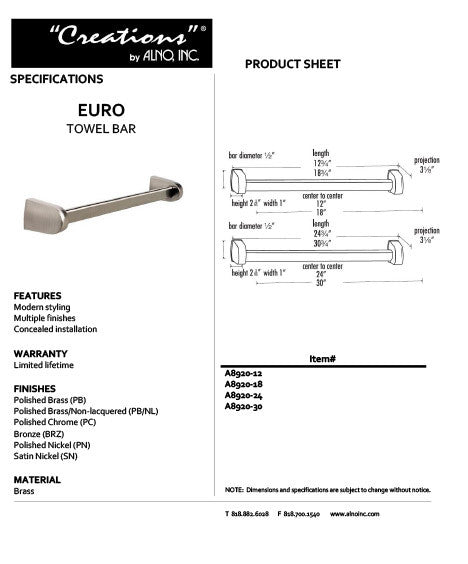 Alno A8920-30-PN: 30" cc Euro Towel Bar - Polished Nickel