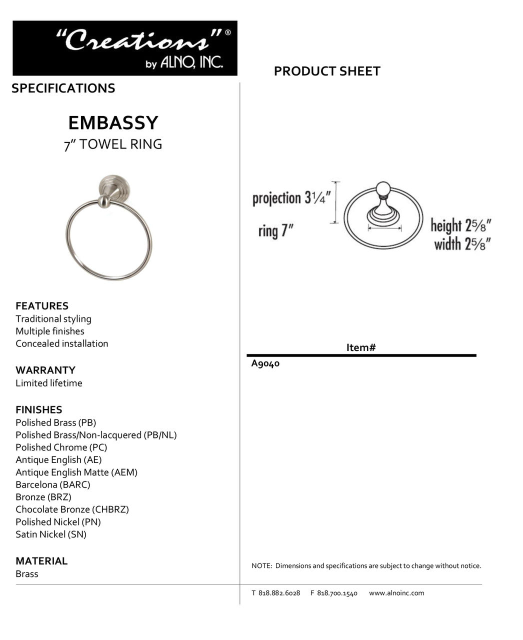 Specificaton Sheet