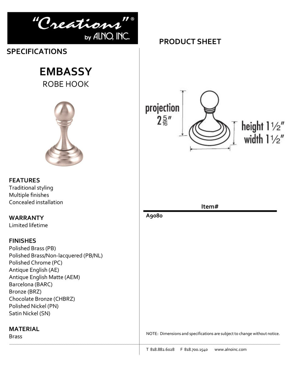 Specificaton Sheet