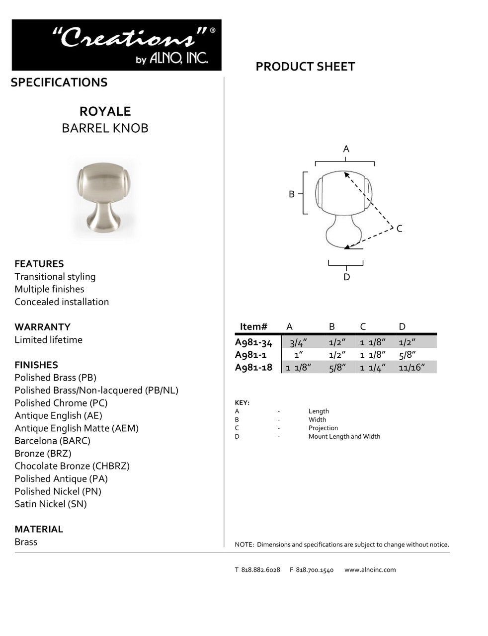 Specificaton Sheet