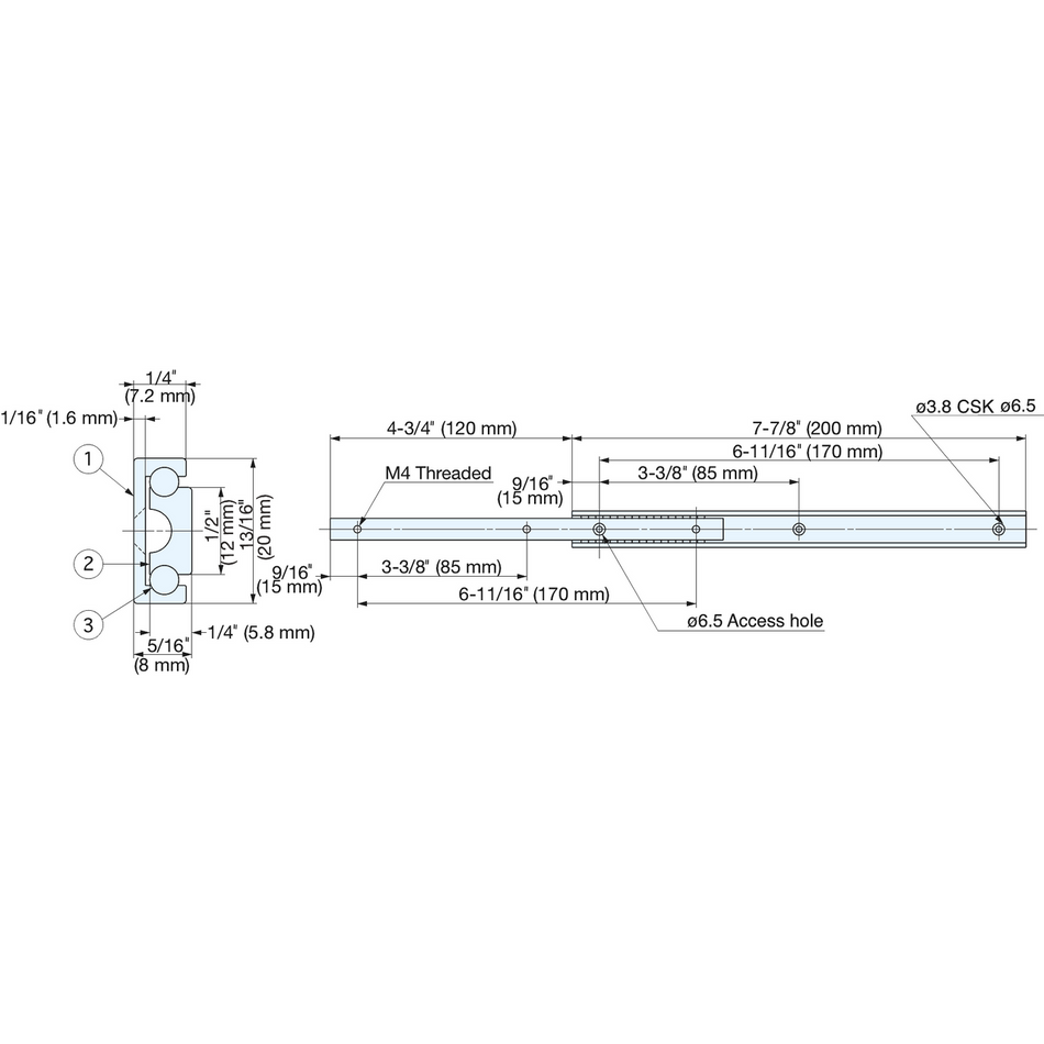 Sugatsune AR2-200: 200mm x 3/4 Extension Drawer Slide - Anodized Aluminum