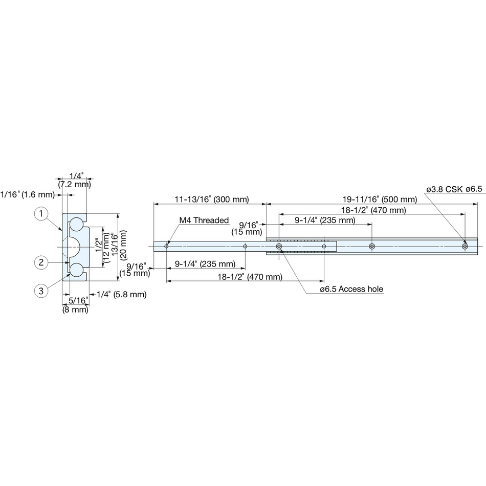 Sugatsune AR2-500: 500mm x 3/4 Extension Drawer Slide - Anodized Aluminum