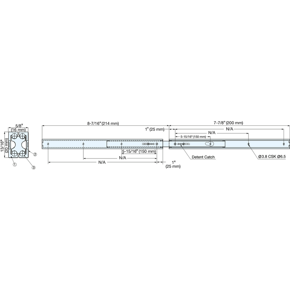 Sugatsune AR3-K200: 200mm Full Extension Drawer Slide w/Detent - Anodized Aluminum