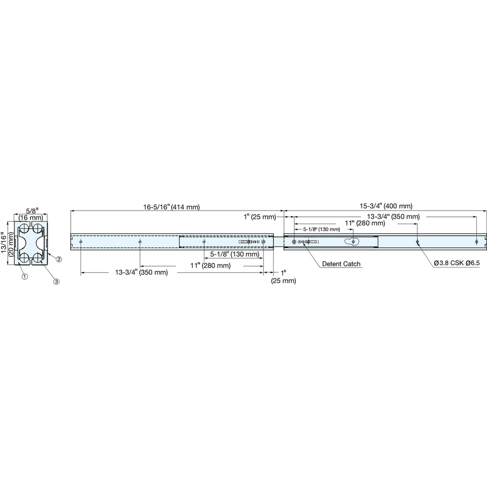 Sugatsune AR3-K400: 400mm Full Extension Drawer Slide w/Detent - Anodized Aluminum