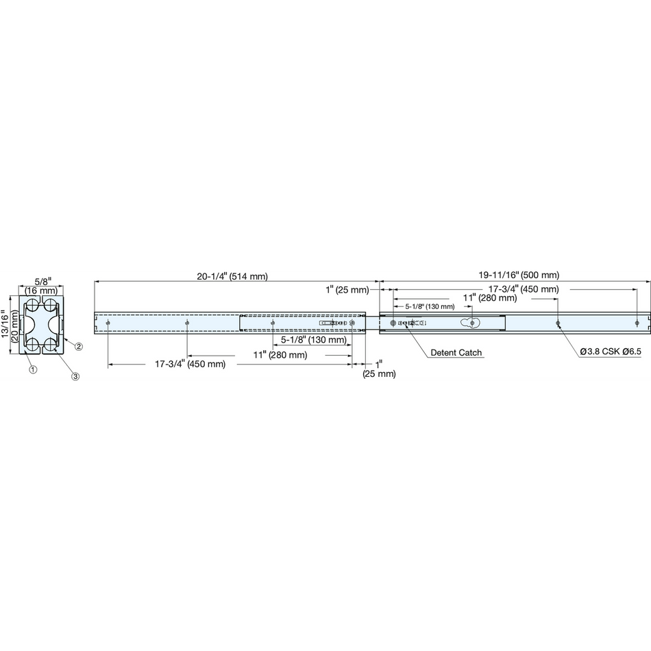 Sugatsune AR3-K500: 500mm Full Extension Drawer Slide w/Detent - Anodized Aluminum