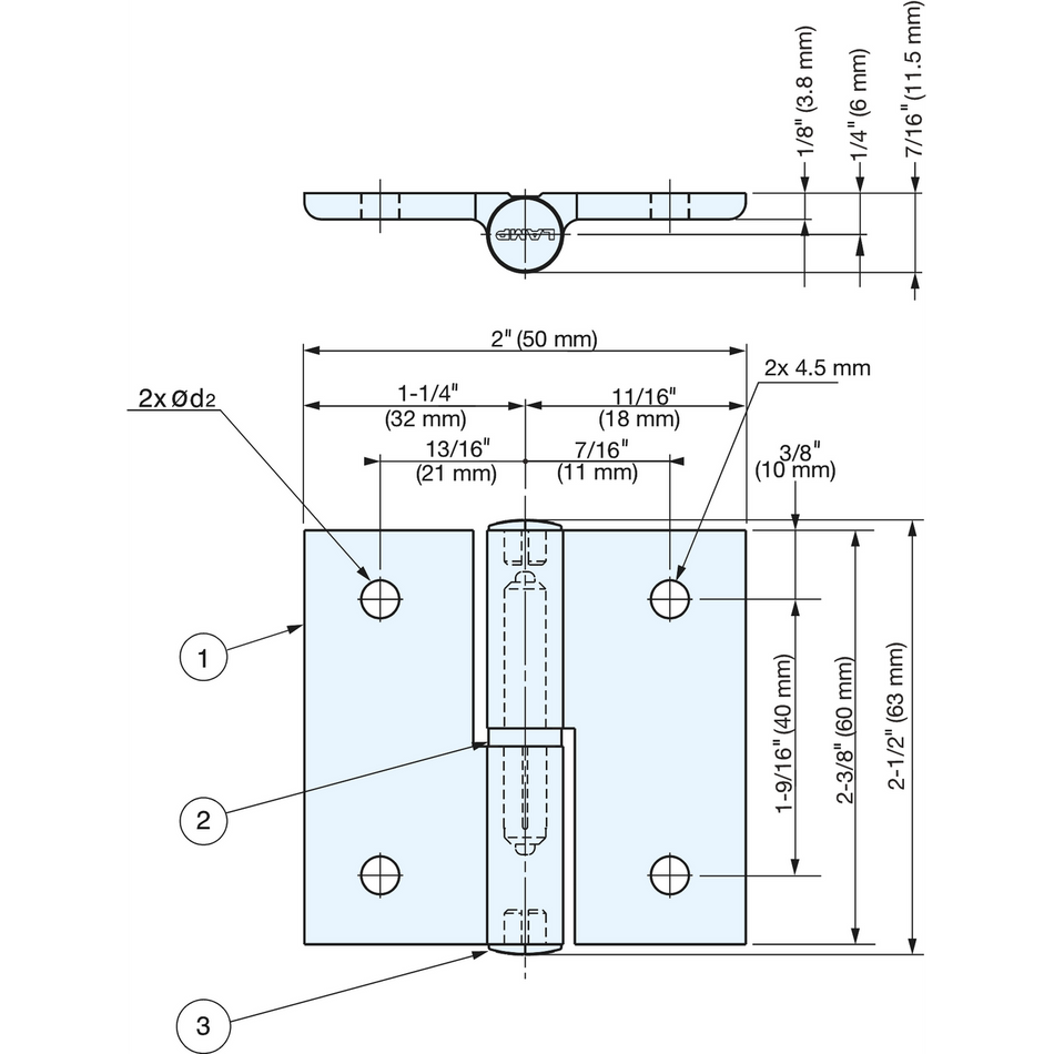 Sugatsune AS-HG-AL-NL4020: 50mm Aluminum Lift-Off Hinge (left) - Matte Silver