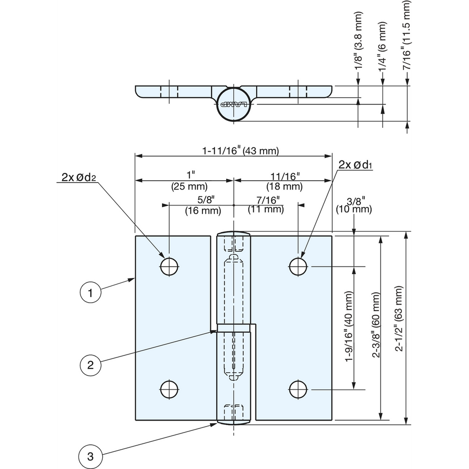 Sugatsune AS-HG-AL-NR3020: 43mm Aluminum Lift-Off Hinge (right) - Matte Silver