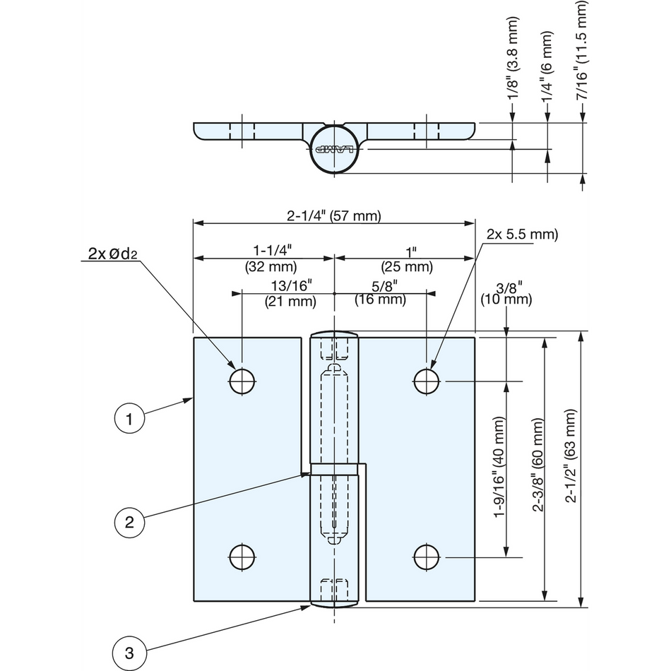 Sugatsune AS-HG-AL-NR3040: 57mm Aluminum Lift-Off Hinge (right) - Matte Silver