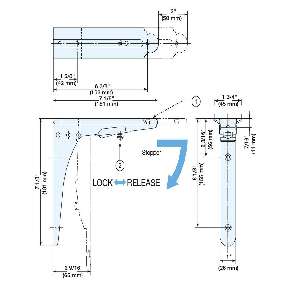 Sugatsune BOS-180: 181mm Folding Shelf Bracket - Satin Stainless Steel