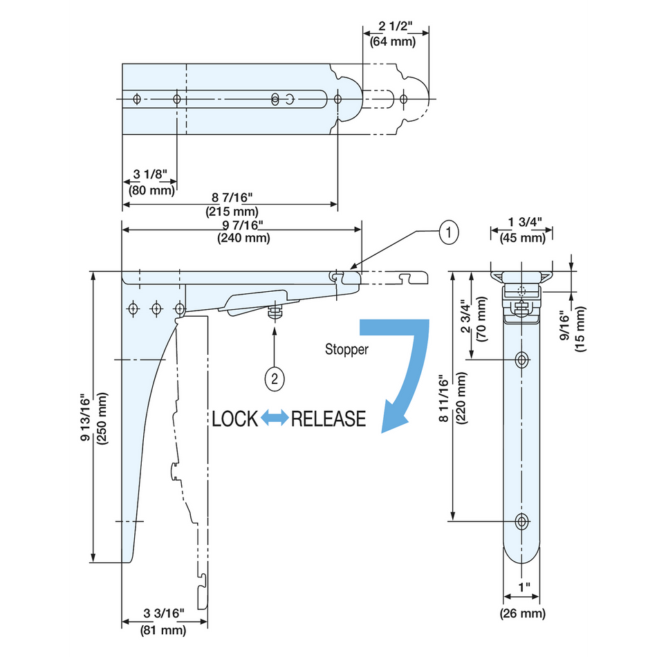 Sugatsune BOS-240: 240mm Folding Shelf Bracket - Satin Stainless Steel