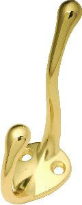 Hickory P27120-PB: 3-1/2" Utility Double Coat Hook w/Knob Ends - Polished Brass