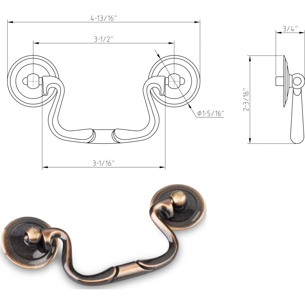 Elements CH3503: 3-1/2" cc Kingsport Drop Bail Cabinet Pull - Brushed Antique Brass