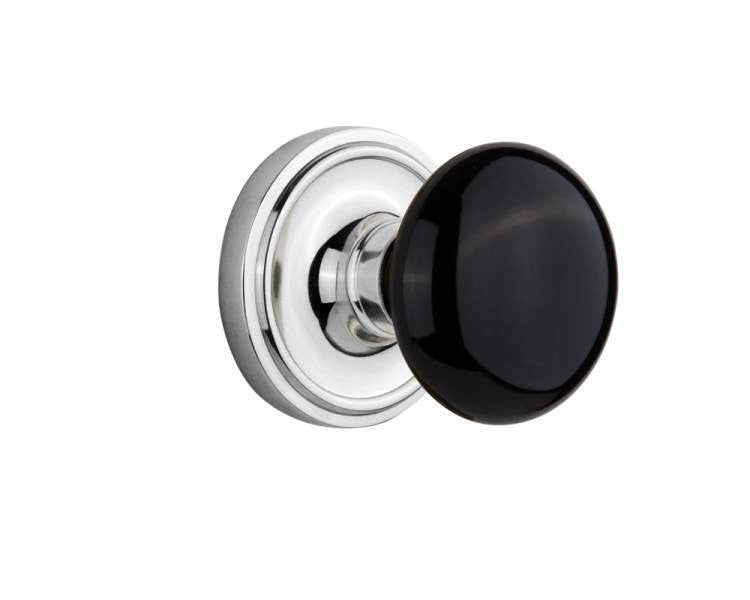Nostalgic 710002: Classic Rosette w/Black Porcelain Knob Passage Door Set - Bright Chrome