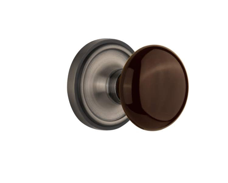 Nostalgic 710825: Mortise Classic Rose w/ Brown Porcelain Knob - Antique Pewter