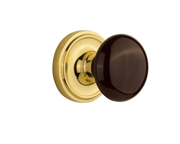 Nostalgic 710444: Classic Rosette w/Brown Porcelain Knob Passage Door Set - Polished Brass
