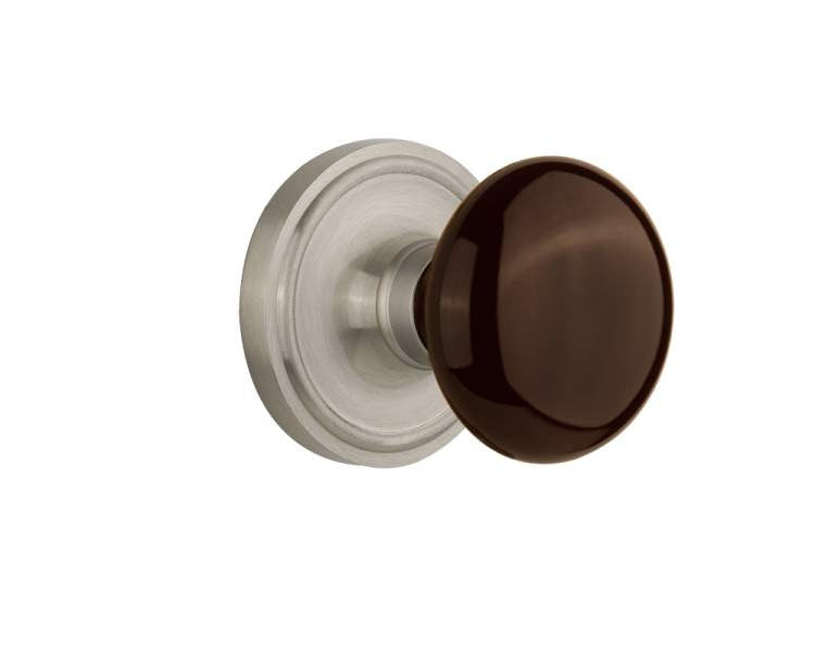 Nostalgic 710445: Classic Rosette w/Brown Porcelain Knob Passage Door Set - Satin Nickel