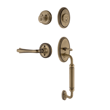 Nostalgic 768665: Entry Lockset w/Classic Backplate, C-Grip Exterior Handle and Fleur Interior Lever - Antique Brass