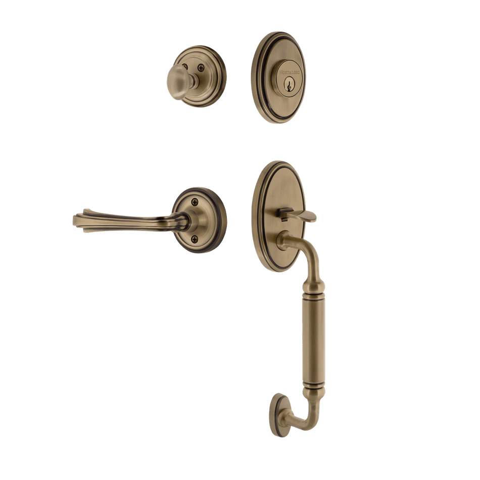 Nostalgic 769743: Entry Lockset w/Classic Backplate, C-Grip Exterior Handle and Fleur Interior Lever - Antique Brass