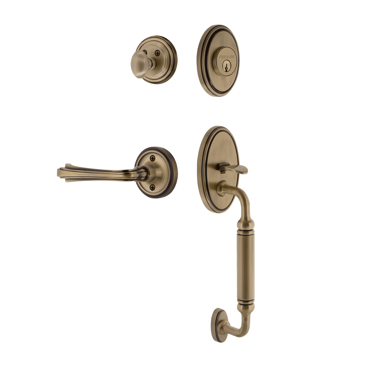 Nostalgic 769781: Entry Lockset w/Classic Backplate, C-Grip Exterior Handle and Fleur Interior Lever - Antique Brass