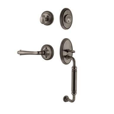 Nostalgic 768660: Entry Lockset w/Classic Backplate, C-Grip Exterior Handle and Fleur Interior Lever - Antique Pewter