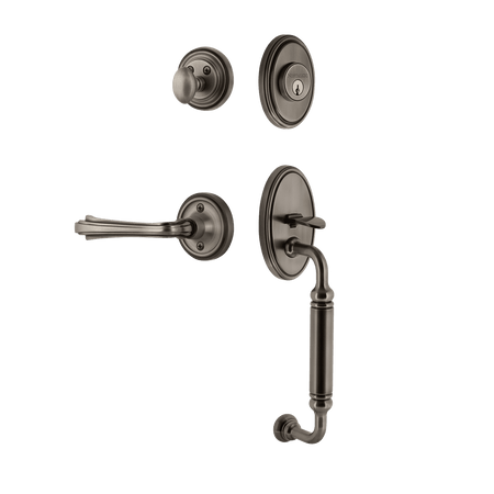 Nostalgic 769767: Entry Lockset w/Classic Backplate, C-Grip Exterior Handle and Fleur Interior Lever - Antique Pewter