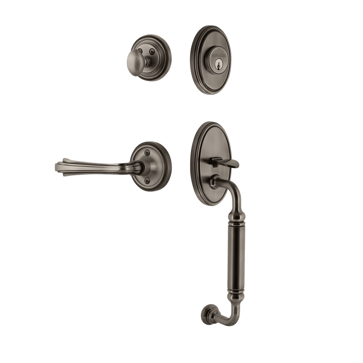 Nostalgic 769727: Entry Lockset w/Classic Backplate, C-Grip Exterior Handle and Fleur Interior Lever - Antique Pewter